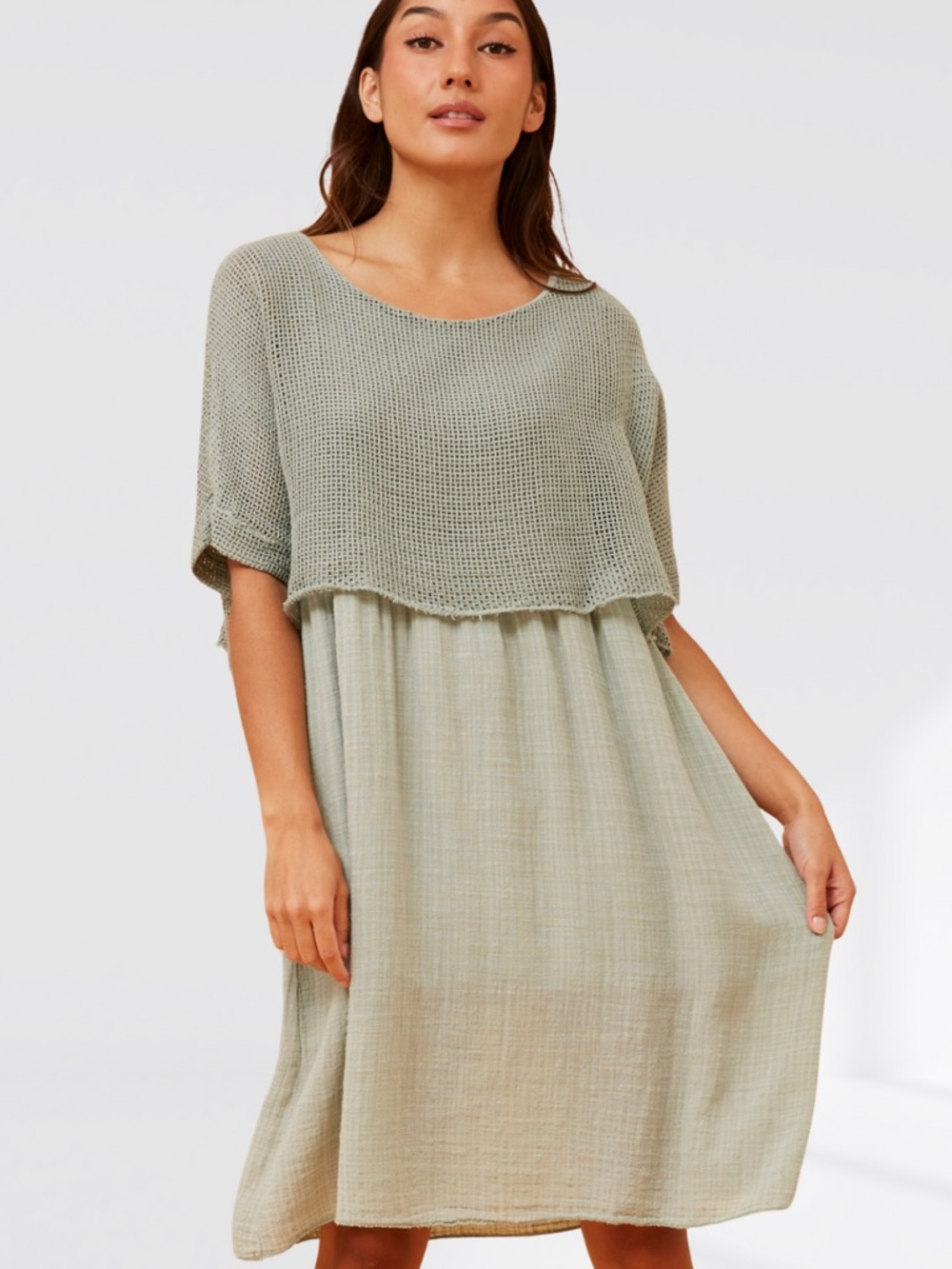 Light Sage Two-Layer Knit & Gauze Dress